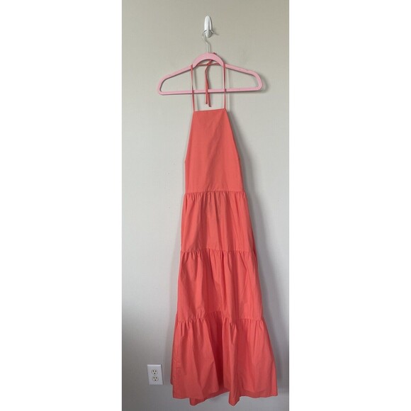 Gap Dress Women Coral Tiered Tie Back Maxi Cotton Pockets Classic Sz 8 T NWT - Picture 2 of 11